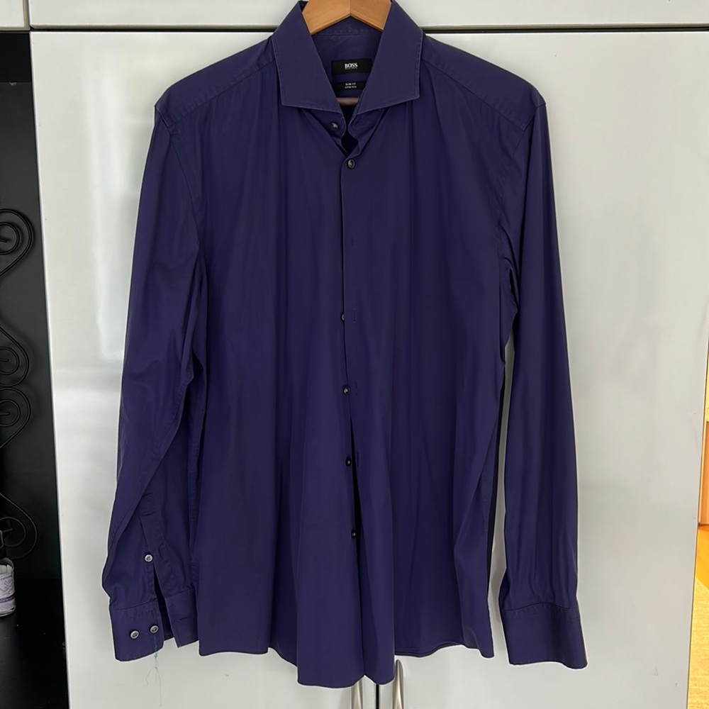 Hugo Boss purple slim fit stretch button down shirt, neck size 17